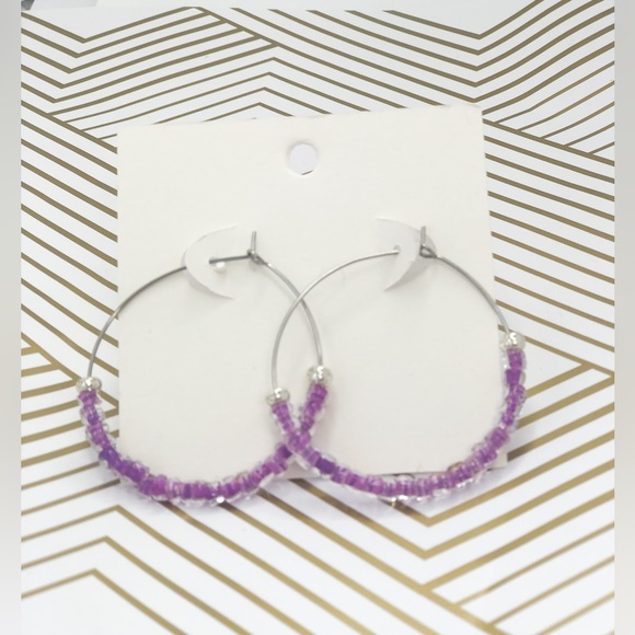 Jewelry - Silver earrings clear with purple beaded hoops